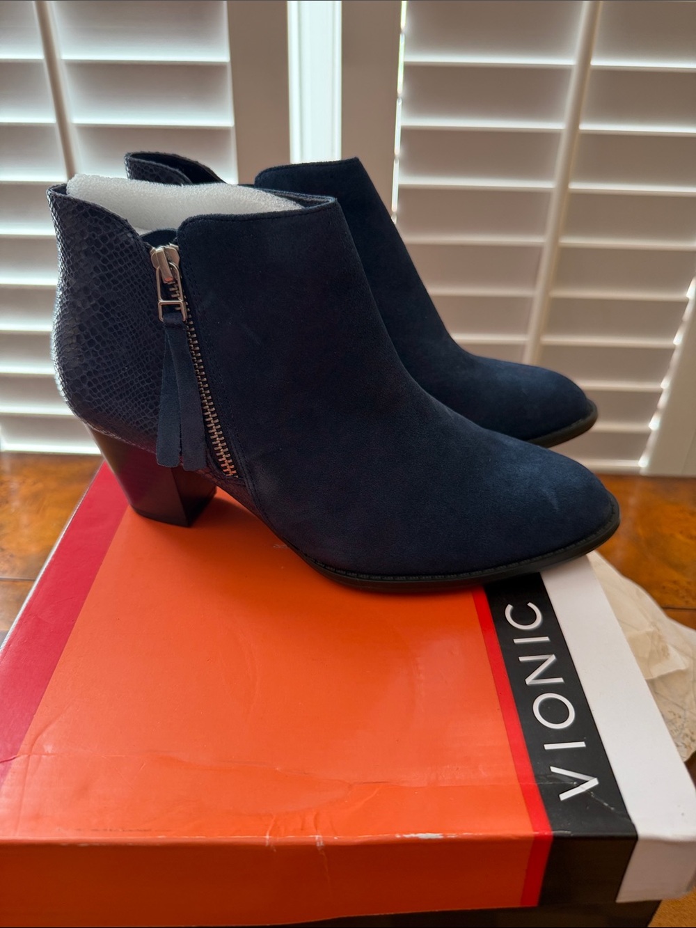 Vionic Navy Blue Suede Ankle Booties with Side Zip